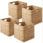 Casafield 12" x 12" Water Hyacinth Storage Baskets, Natural - Set of 4 Collapsible Cube Organizers, Woven Bins for Bathroom, Bedroom, Laundry,