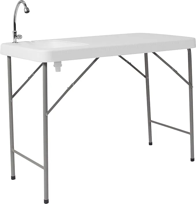 Flash Furniture Wesley 4' Portable Fish Cleaning Table with Sink, Outdoor Portable Folding Camping Sink Table with Faucet, and Hose Attachment, White