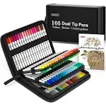 Shuttle Art Dual Tip Brush Pens Art Markers, 105 Colors Fine and Brush Dual Tip Markers Set in Portable Case with 1 Coloring Book for Kids Adult