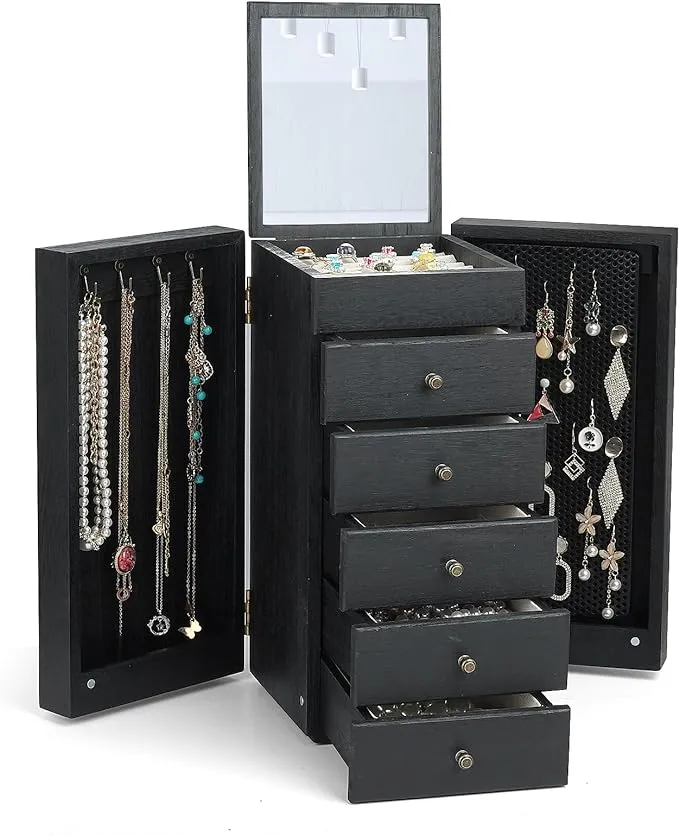 Meangood Jewelry Box Wood for Women, 5-Layer Large Organizer Box with Mirror & 4 Drawers for Rings, Earrings, Necklaces, Black