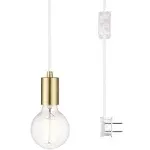 Globe Electric Novogratz x Globe 60599 Emile 1-Light Plug-in Exposed Socket Pendant, 15-ft White Cloth Cord, in-Line On Off Rocker Switch, Brass Socket, Bulb Not Included