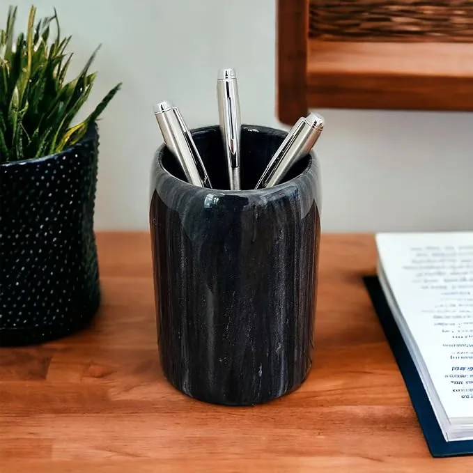 Hapton House Black Natural Marble Pen Holder - Pencil Holder - Makeup Brush Holder - Toothbrush Holder - Office and Bathroom Organizer - Home Décor