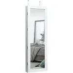 Costway Wall Mount Mirrored Jewelry Cabinet Organizer LED Lights - White