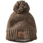 Women’s Carhartt Rib Knit Sherpa Lined Pom Pom Beanie Hat Coffee Brown One Size