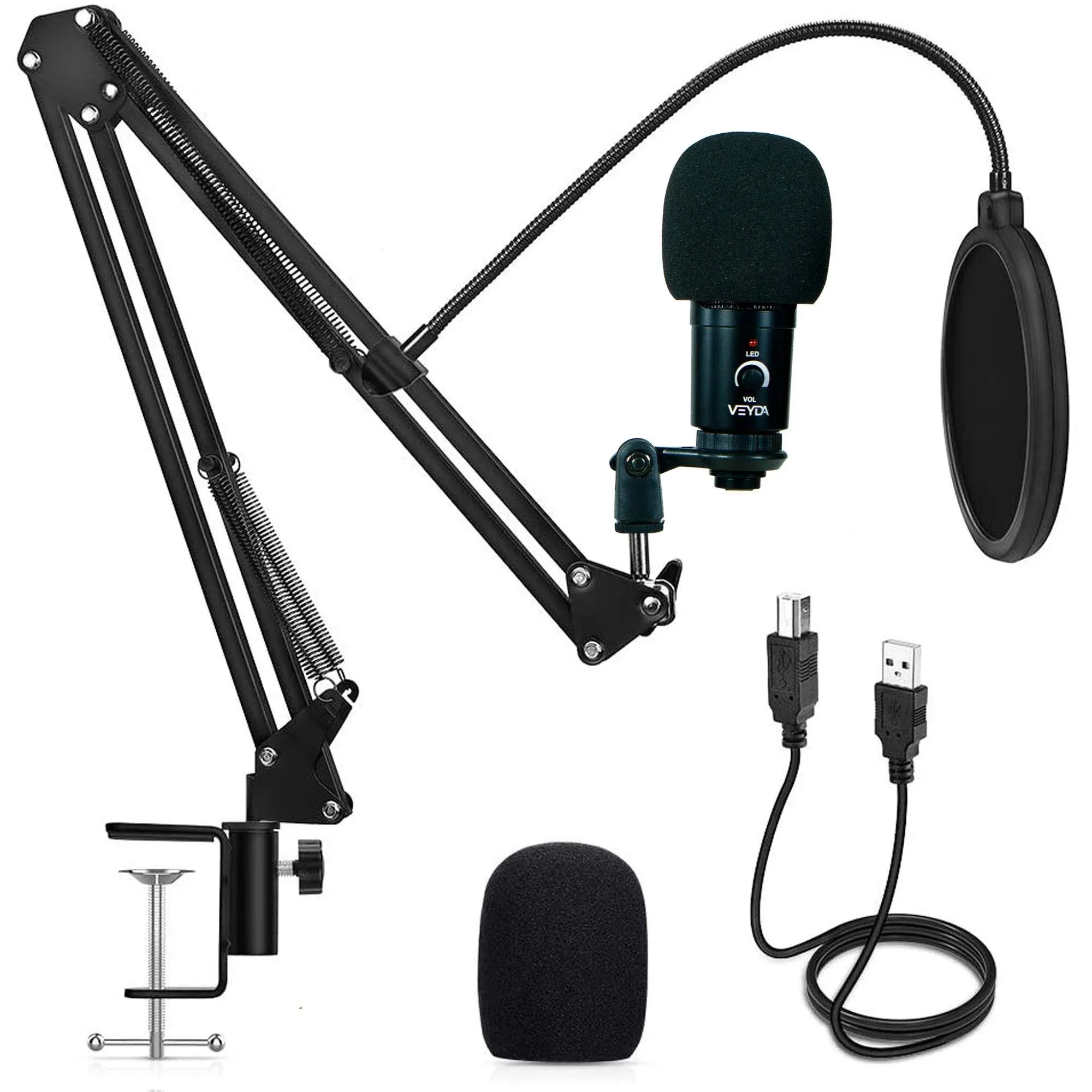 Cam Caddie Veyda USB Condenser Microphone with Boom Mount with Windshield, Pop Screen and USB Cable