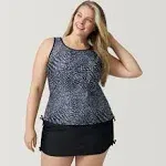 Free Country Plus Size Full Side Shirring Tankini Top - Black Sea Skin