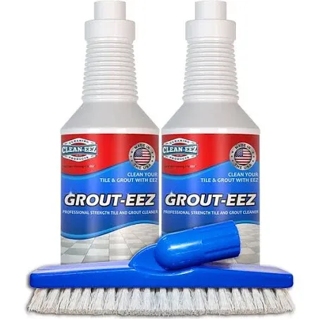 Clean-eez Grout Cleaner 2 Pack with Free Stand-Up Brush - Stain Remover Heavy-Duty Scrubber - Bathroom Shower Ceramic Porcelain - Easy Control Flip Top Cap - 32 oz.