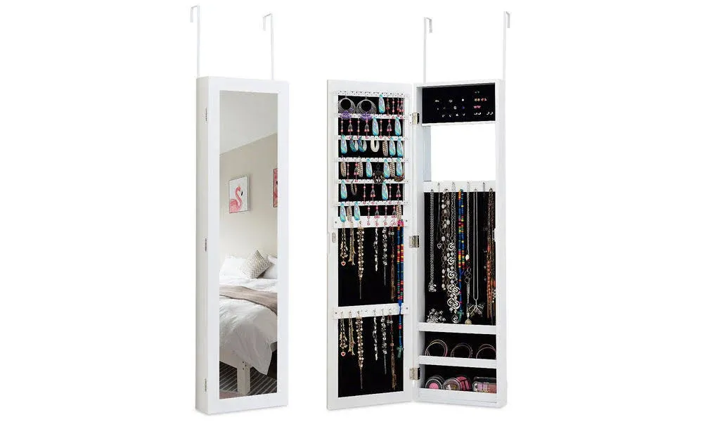 Costway Wall Door Mounted Mirrored Jewelry Cabinet Storage Organizer White