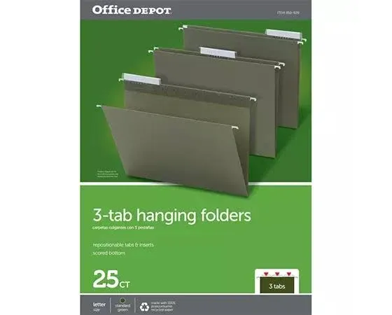 Office Depot Hanging Folders 1/3 Cut Letter Size 100% Recycled Green (Pack of 25)