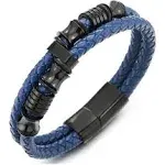 Mens Double-Row Blue Braided Leather Bracelet Bangle Wristband with Black Stainless Steel Ornaments