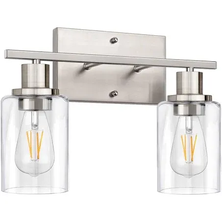 ShineTech 2-Light Bathroom Light Fixtures, Modern Vanity Lights with Clear Glass Shade, Brushed Nickel Bathroom Vanity Light Over Mirror, Living Room