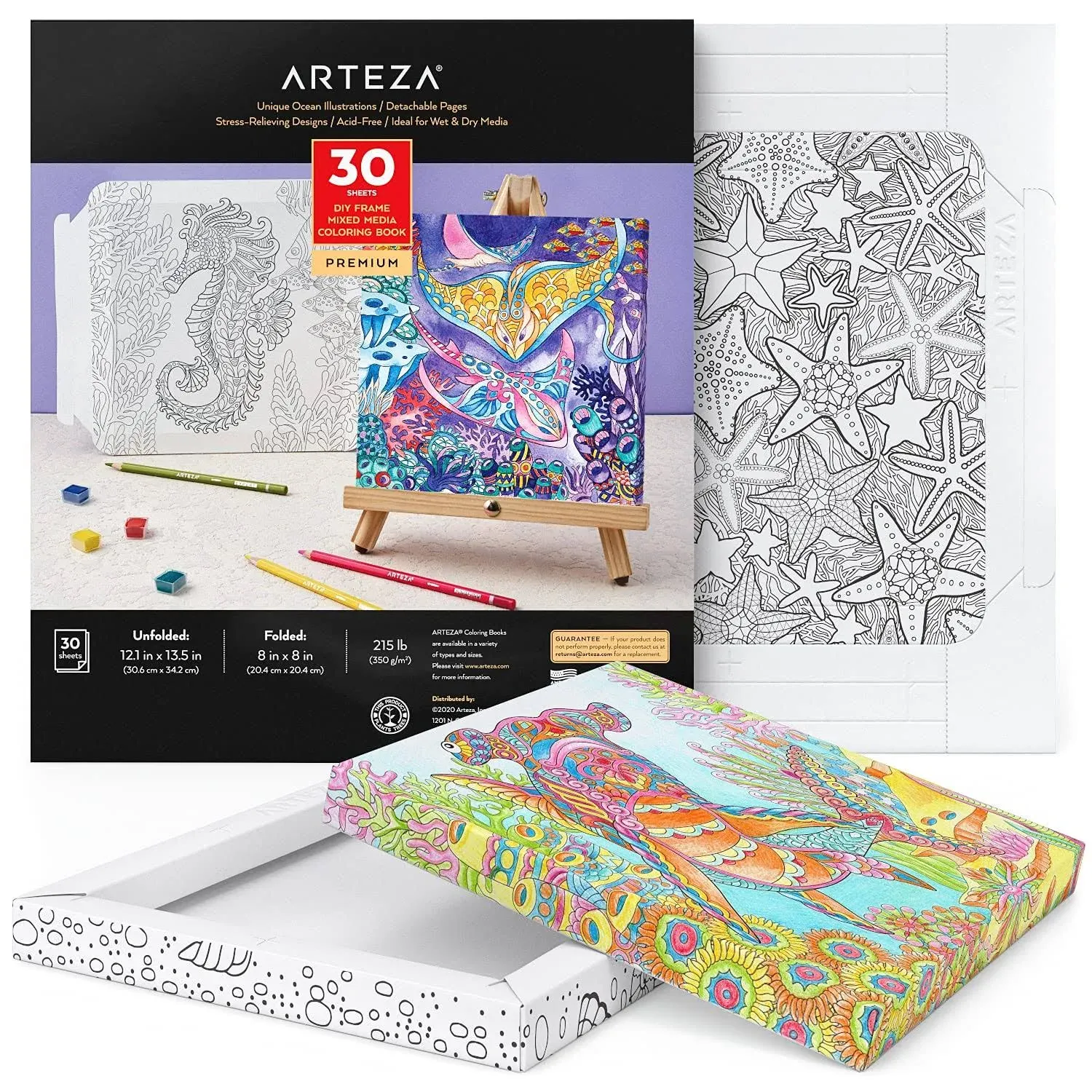 ARTEZA Adult Coloring Book, Ocean Illustrations, 30 Sheets, 12.1x13.5 Inches DIY Coloring Pages Fold into 8x8 Inches Frames, 215 lb Paper