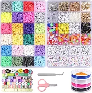 7600Pcs Clay Beads Kit for Bracelet Making, 24 Colors 6mm Flat Round Polymer Clay Beads Spacer Heishi Beads with Alphabet Letter Beads Pendant Charms for Jewelry Making