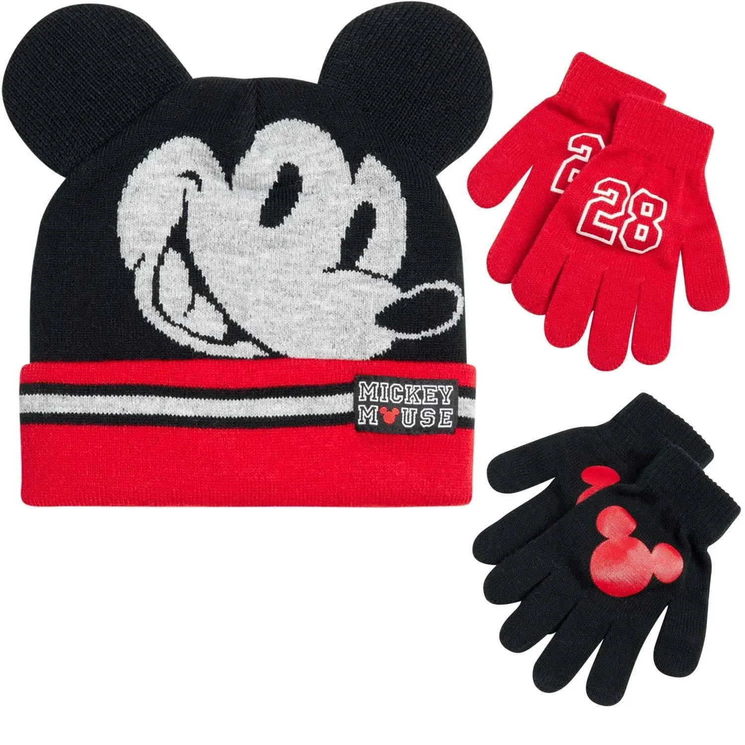 Disney Boys Mickey Mouse Winter Hat and 2 Pair Mitten or Gloves Set (Age 2-7)