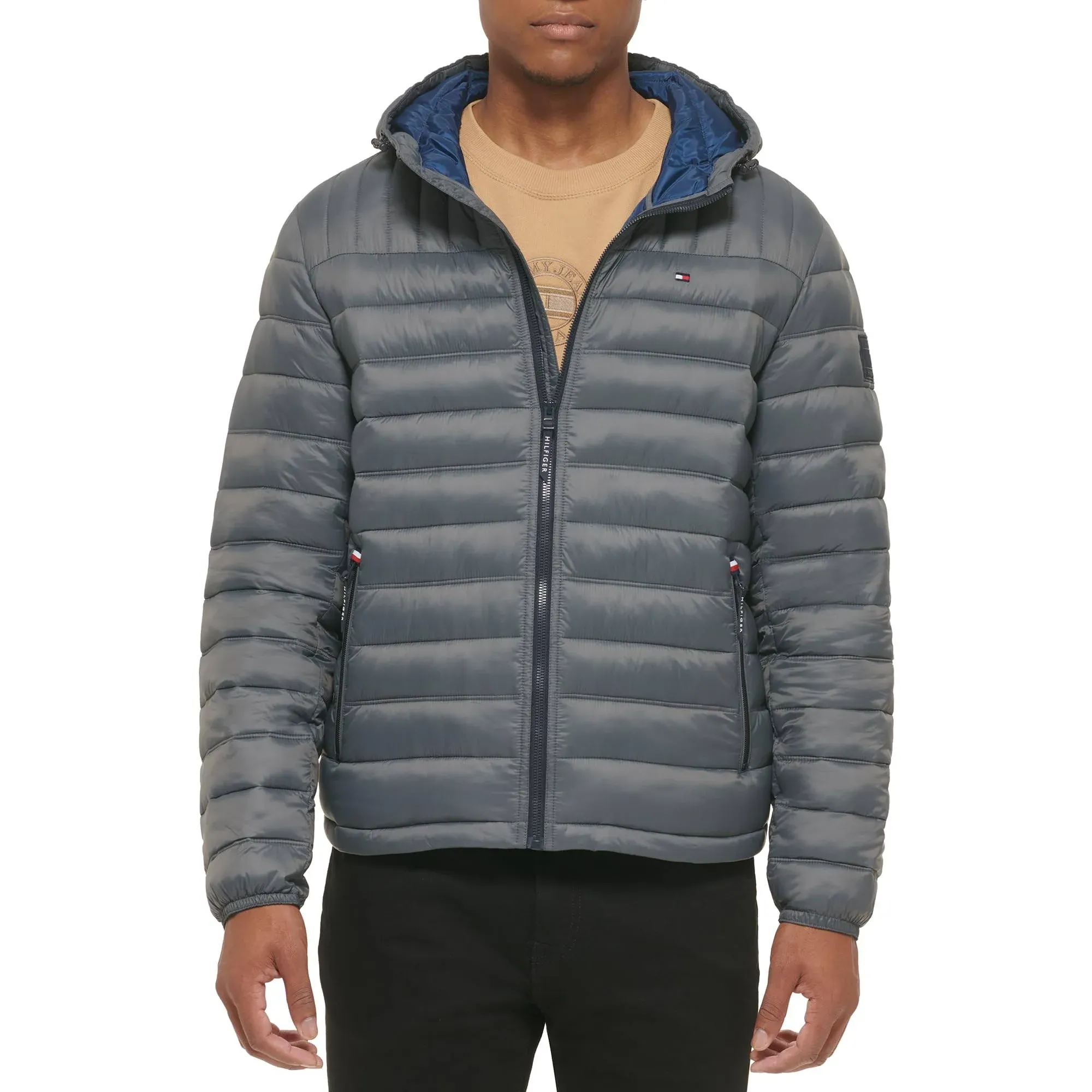 Men's Tommy Hilfiger Hooded Puffer Jacket, Size: Large, Charcoal