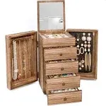 Meangood Jewelry Box Wood for Women, 5-Layer Large Organizer Box with Mirror & 4 Drawers for Rings, Earrings, Necklaces, Vintage Style, Torched Wood