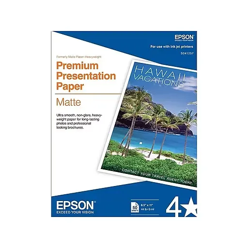 Epson® Premium Presentation Paper, White, Letter (8.5"" x 11""), 50 Sheets Per Pack, 44 Lb, 97 Brightness