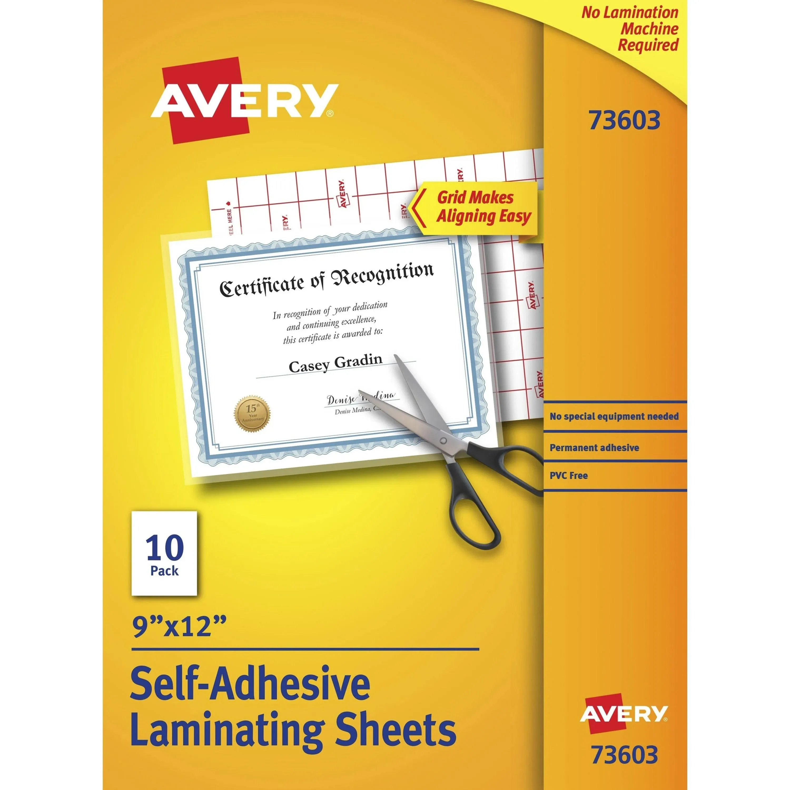 Avery AVE73603 Self-Adhesive Laminating Sheets, Clear, 9" x 12" - 10 sheets each