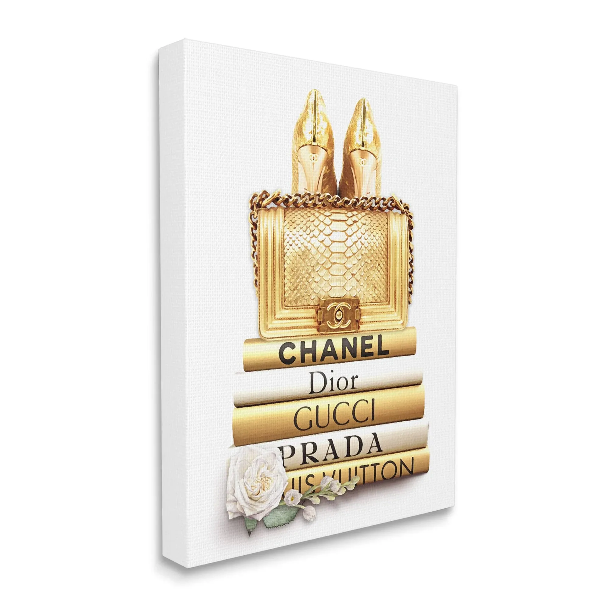 Stupell Industries "Divine Golden Fashion Purse on Designer Bookstack" Ros Ruseva Unframed Abstract Canvas Wall Art Print 30 in. x 40 in. af-251_cn_30x40