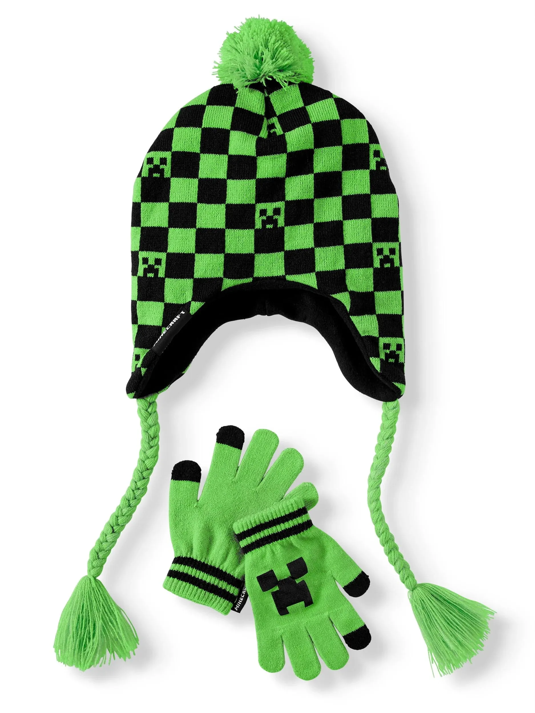 Boys Minecraft MC Check Beanie and Glove Set