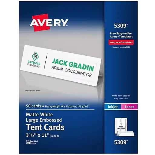 Avery® 5309 3 1/2" x 11" White Large Embossed Tent Cards - 50/Box