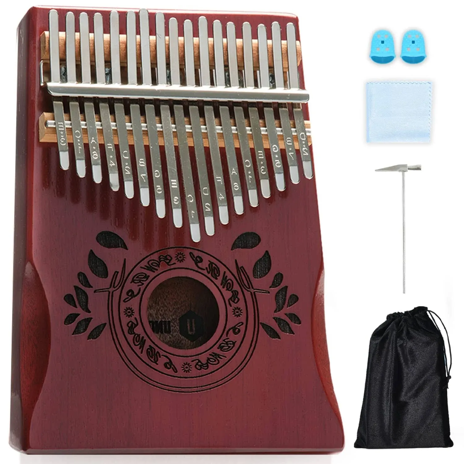 Unokki 17 Key Kalimba Thumb Piano Mahogany Mbira, and Hammer Key and