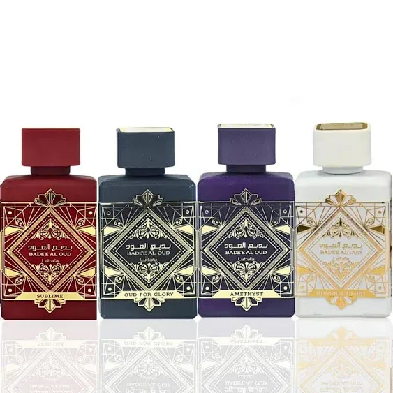 Lattafa Perfumes Bade'e Al Oud for Unisex 4 Piece Eau de Parfum Gift Set (Oud for Glory + Sublime + Amethyst + Honor & Glory) 3.4 Ounce/100 ml each