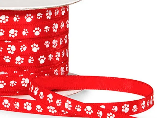 Single Faced Satin Paw Print Ribbon 1/4" Red with White Paw Print - 50 Yard Roll