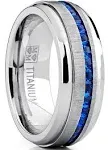 Metal Masters Co. Men's Eternity Titanium Wedding Band Engagement Ring w/ Blue Simulated Sapphire Cubic Zirconia Princess CZ