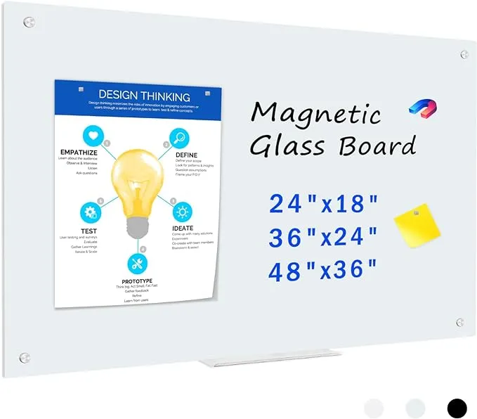 Magnetic Glass Whiteboard, 24" x 18" Glass Dry Erase Board for Wall, Frameless Glass Board with 1 Marker Tray and 3 Magnets for Office, Home, Classroom - Normal White