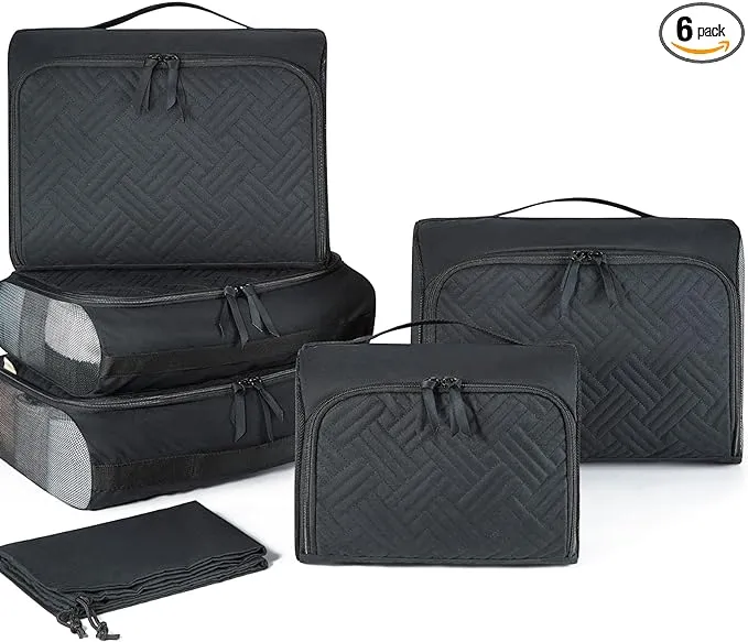 BAGSMART 6 Pcs Quilted Packing Cubes for Suitcases, Black