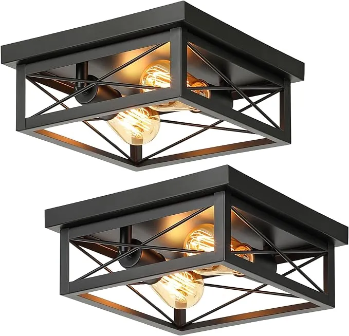 2-Light Industrial Square Flush Mount Ceiling Light, Farmhouse Ceiling Light Fixture for Kitchen, Modern Black Close to Ceiling Light for Hallway Bedroom Balcony Porch Stairway, E26, 2-Pack