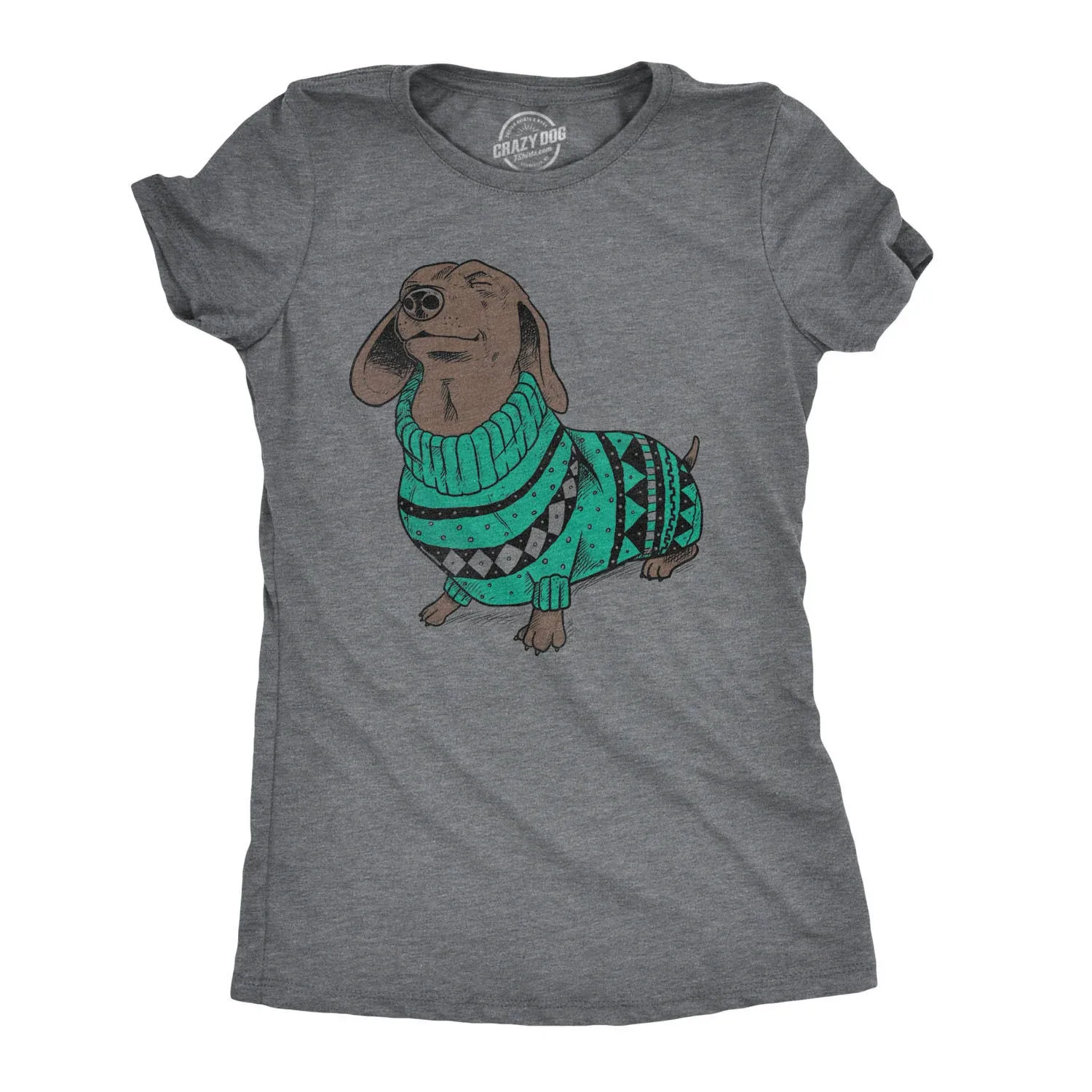 Womens Wiener Dog in Christmas Sweater Tshirt Dachshund Pet Owner Tee (Grey) M