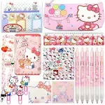 Ohjijinn Cute School Supplies Set, Kawaii Stationary Supplies, Includes Pencil Case, Ballpoint Pens, Ruler, Sticky Note, Stickers, Enamel Pins, Lanyard with ID Card Holder for Girls Gifts