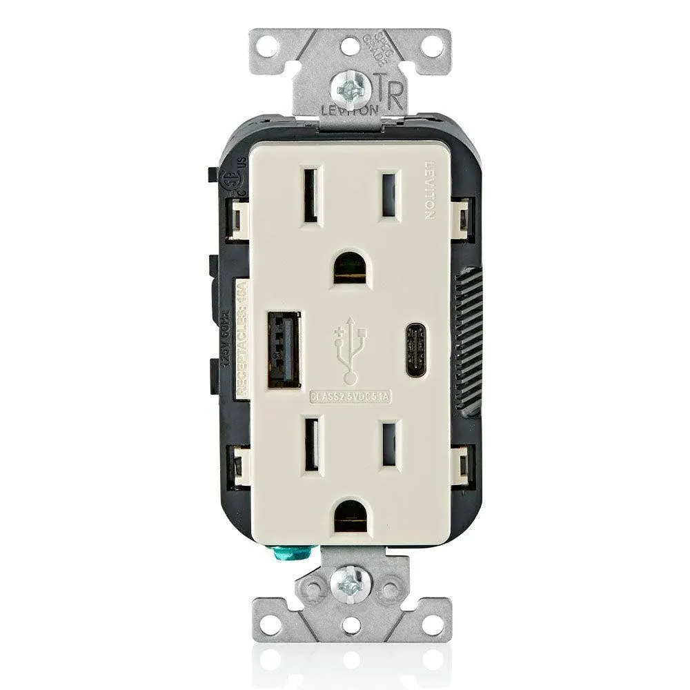 Leviton USB 5.1A Type A/Type-C Leviton Decora 15A Receptacle in Light Almond