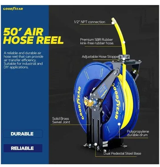 Goodyear Air Hose Reel Retractable 1/2" Inch x 50' Foot Long Premium Commercial Driven Sbr Hose Max 300 Psi Reinforced Steel Construction Heavy Duty Retractable Spring Industrial Dual Arm and Pedestal