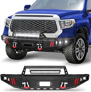 POFENZE Front Bumper Bar with Winch Plate for Toyota Tundra 2014-2021 Textured Black Bumper with D-ring and 144W Long Light Bar