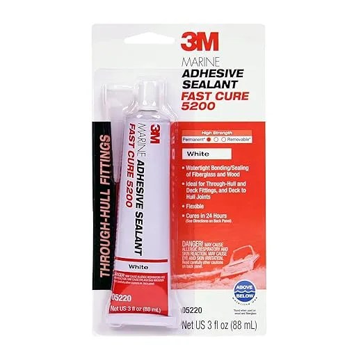 3M Marine Adhesive Sealant Fast Cure 5200 (05220) Permanent Bonding and Sealing for Boats and RVs Above and Below the Waterline Waterproof Repair, White, 3 fl oz Tube