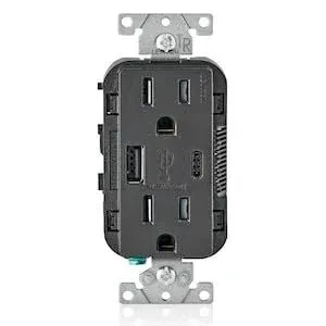 Leviton Decora USB Charger 15A Receptacle 5.1A Type A/Type-C, Black