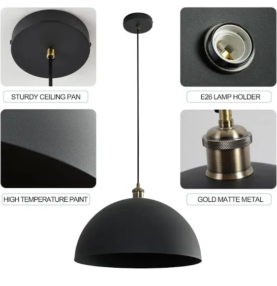 Vintage Black Pendant Light 17.72&#039;&#039; Retro Farmhouse Large Dome Pendant Lamp M...