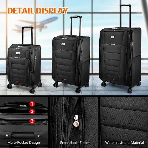 Verdi Softside Expandable Carry-On Luggage with Spinner Wheel USB Port Lightweight (Black, 20-Inch Carry-On)