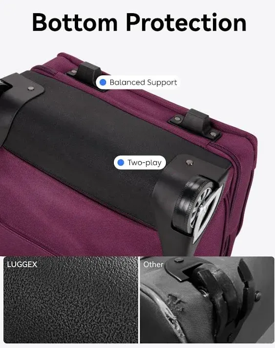 LUGGEX Underseat Carry On Luggage with Wheels - 16 Inch Soft Sided Under the Seat Bag for Airplanes - Lightweight Overnight Suitcase (Purple)