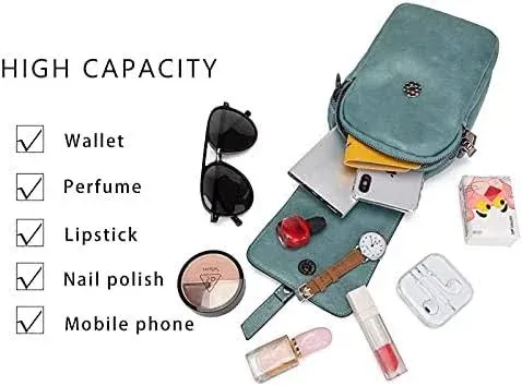 myfriday Vintage Crossbody Phone Bag for Women, Small Leather Shoulder Purse and Handbag with Tassel&Rivet Decoration