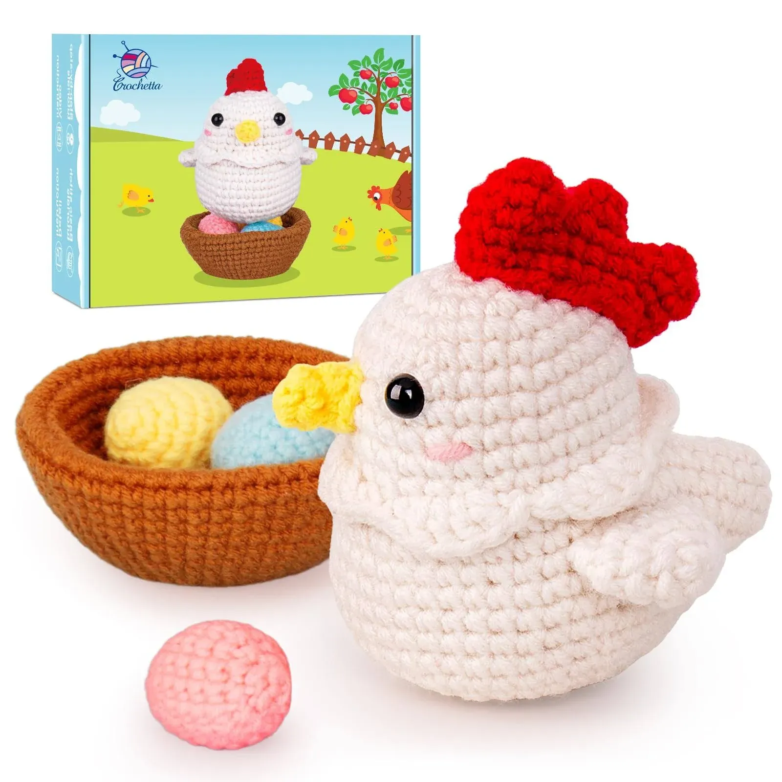 Crochetta Crochet Kit for Beginners, Crochet Starter Kit with Step-by-Step Video Tutorials, Crochet DIY Knitting Supplies for Adults Kids, Cute Hen