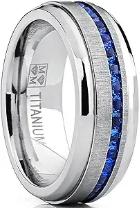 Metal Masters Men's Eternity Titanium Wedding Band Engagement Ring W/Blue Simulated Sapphire Cubic Zirconia Princess CZ