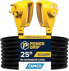 Camco Power Grip 25-Ft 30 Amp RV Extension Cord - Rated for 125V / 3,750W - Features Heavy Duty 10-Gauge Copper Wire for Superior Conductivity & Coated w/Heat-Resilient PVC (55191)