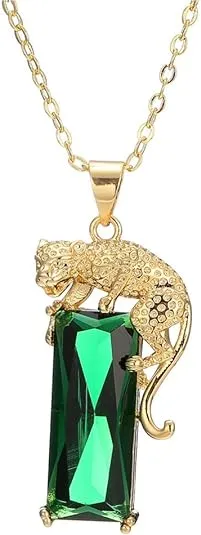 AILUOR 14K Gold Plated Green Crystal Leopard Pendant Necklace, Women Mens Hip Hop Punk Created Emerald Panther Necklace Jewelry