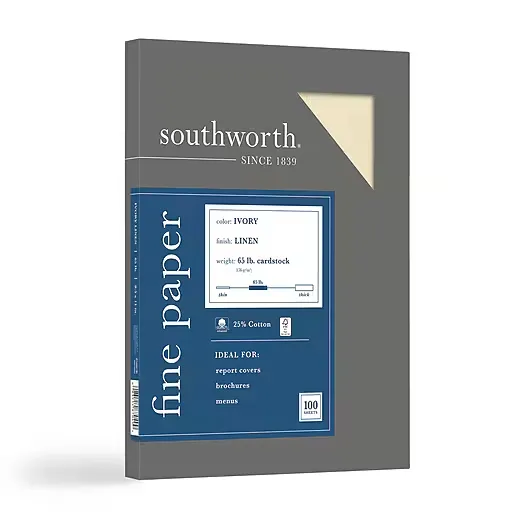 Southworth 25% Cotton Linen Cover Stock, 65lb, 8.5 x 11, 100/Pack