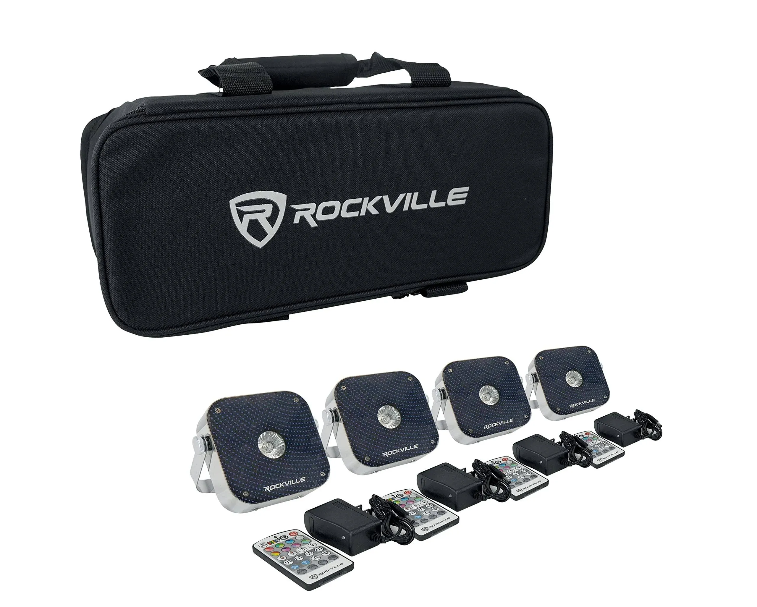 Rockville 4 PACK MINI RF1 V2 Black RGBWA+UV DJ Par Wash Up Lights+Bag+RF Remote