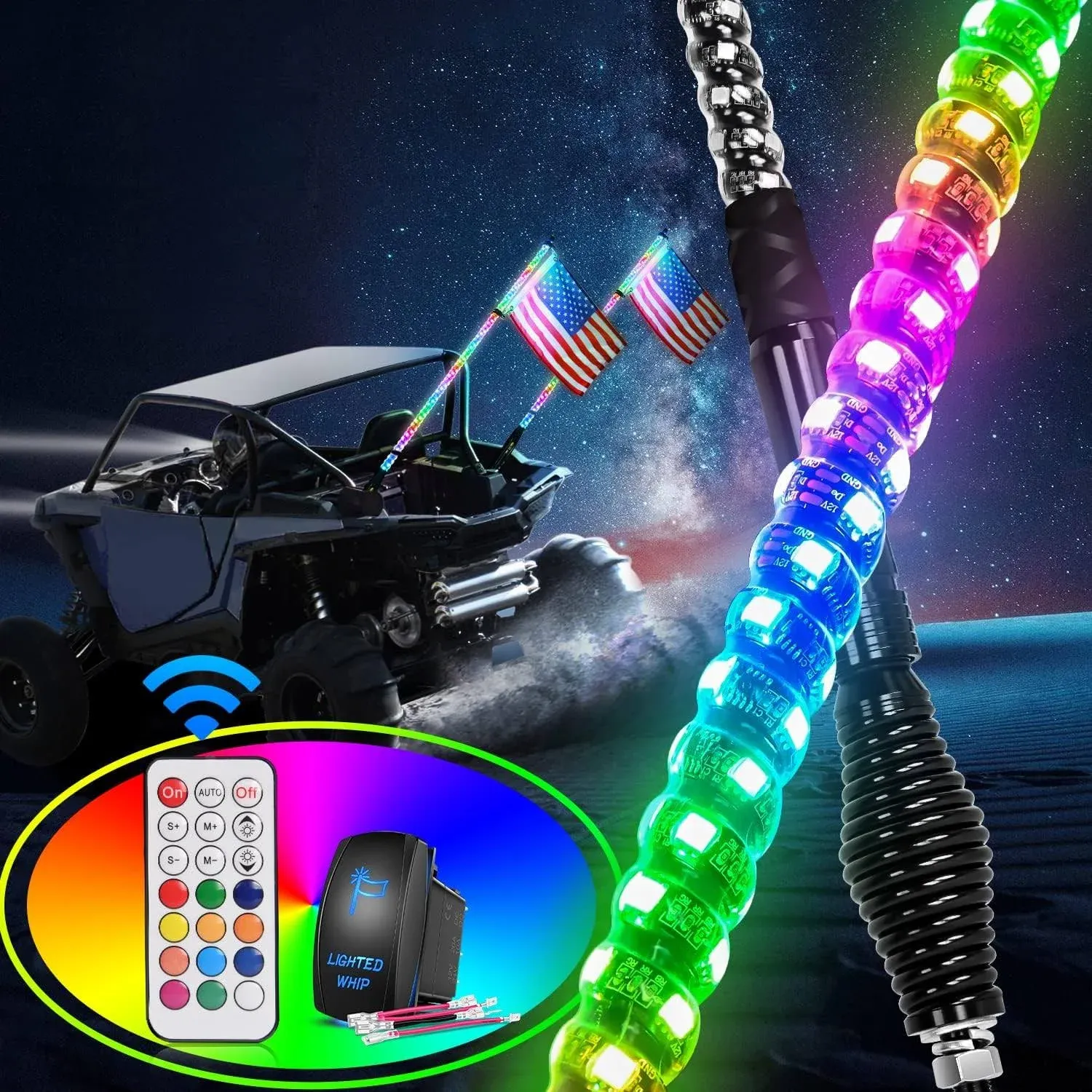 Nilight 2pcs 5ft Spiral RGB LED Whip Light with Spring Base Chasing Light RF Remote Control Lighted Antenna Whips for Can-Am ATV UTV RZR Polaris